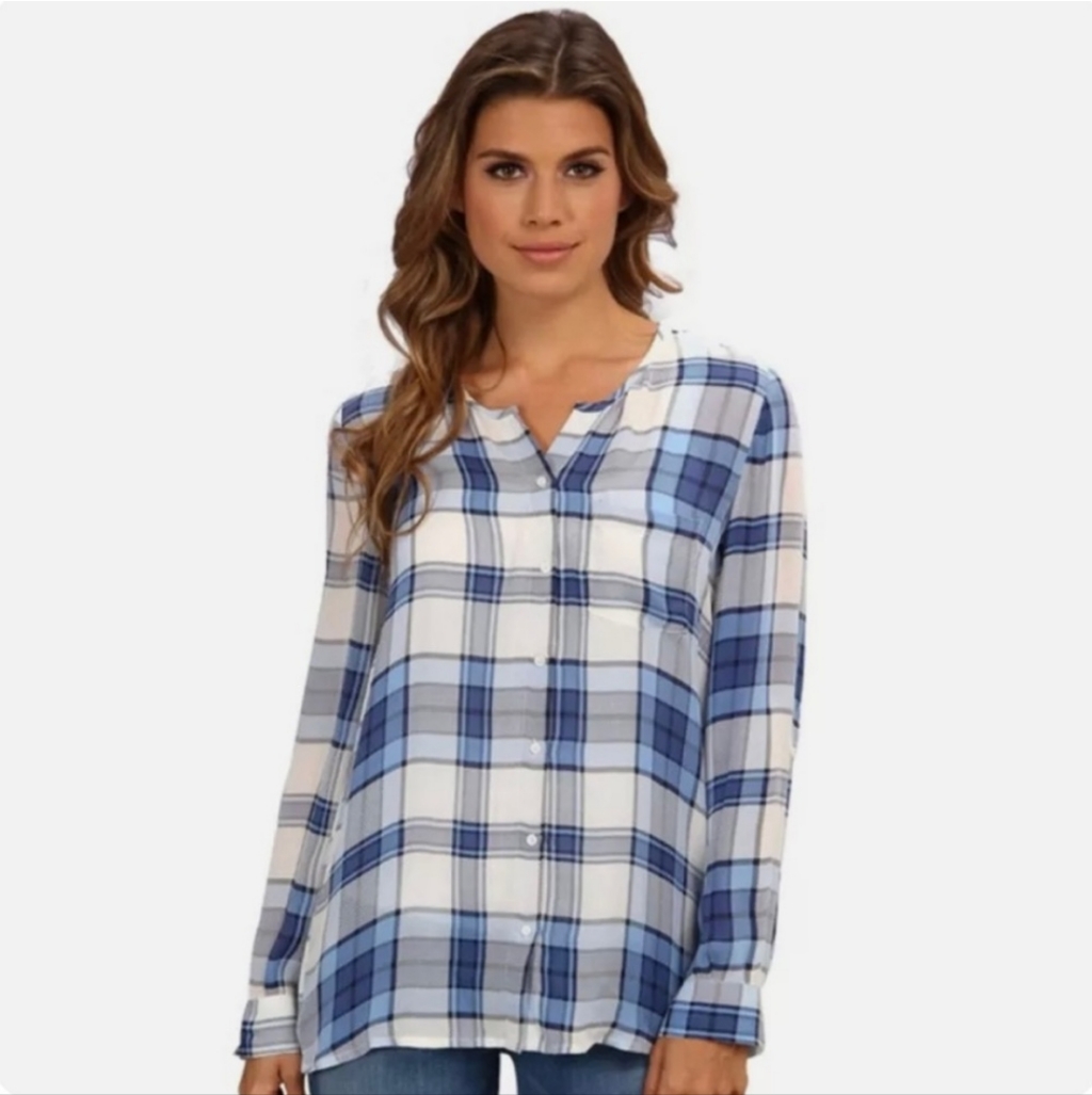 Nwot Joie 100% Silk Karina Blue White Plaid Blouse Long Sleeve Butyin Down